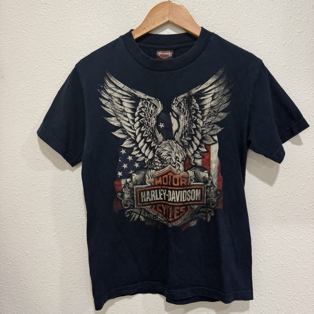 Harley Davidson Graphic Tee Eagle Flag Savanah Georgia Navy Blue Mens Size Small